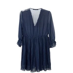 Zara Basic Women’s Chiffon Pleated Blue White Polka Dot Sheer Sleeve New Small